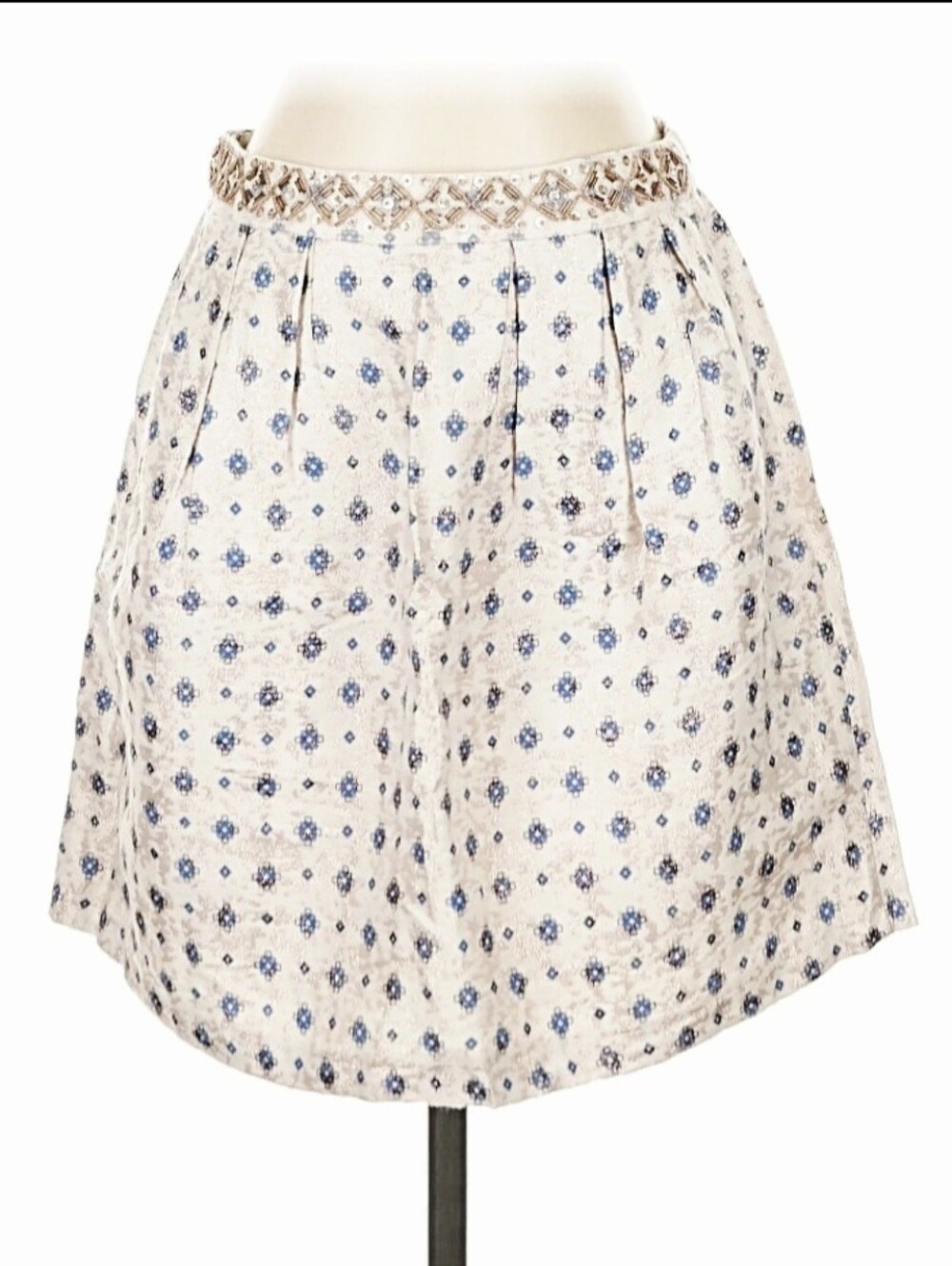 Miami Cream Brocade Shimmery Skirt with Blue Floral Print And Beaded Waist.